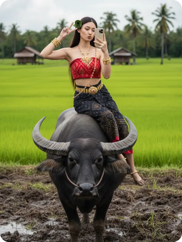 Thai Sarong Selfie: Buffalo & Rice Field 8K
