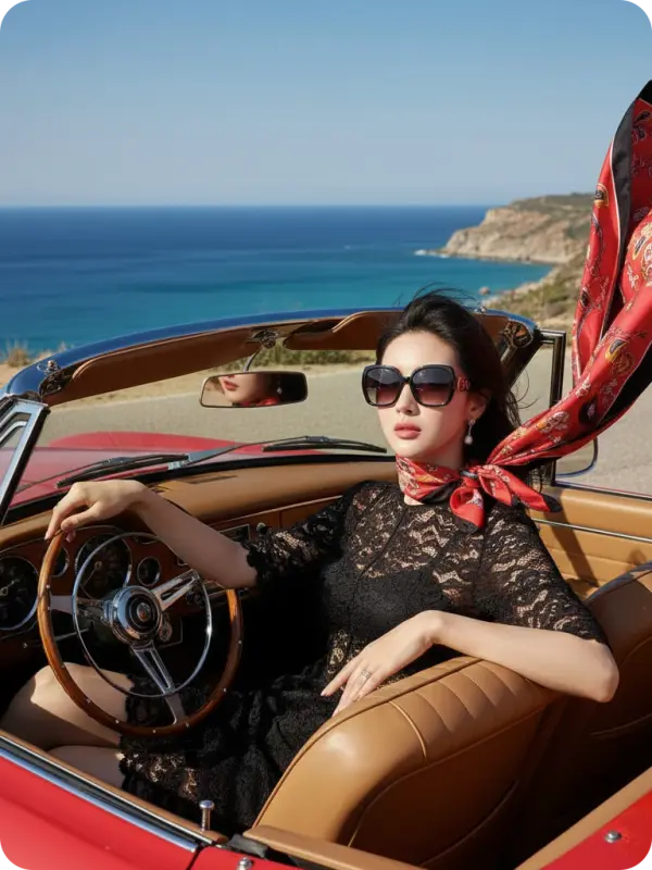 Coastal Glamour: Red Convertible & Lace Dress
