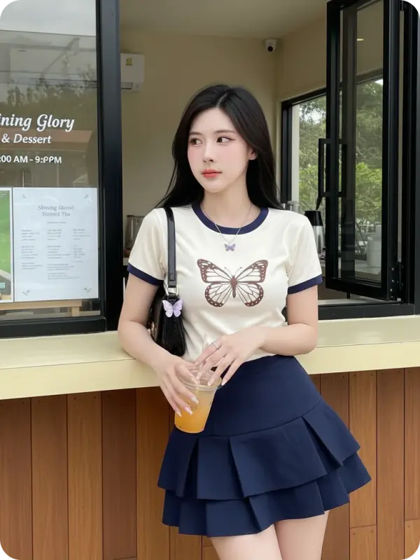 Cafe Dream: Butterfly Tee & Pleated Skirt