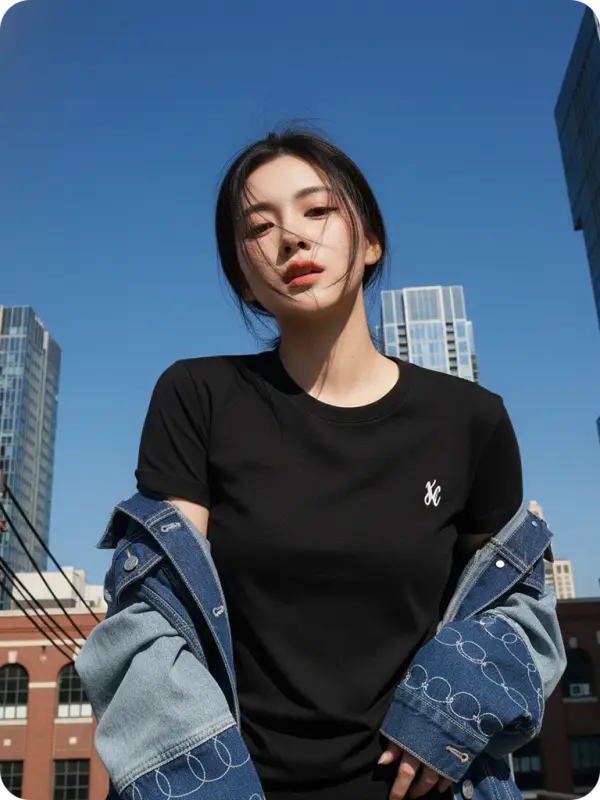 Sky-High Confidence: Urban Denim Portrait