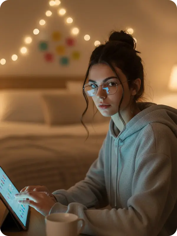 Cozy Night Portrait: Woman with iPad