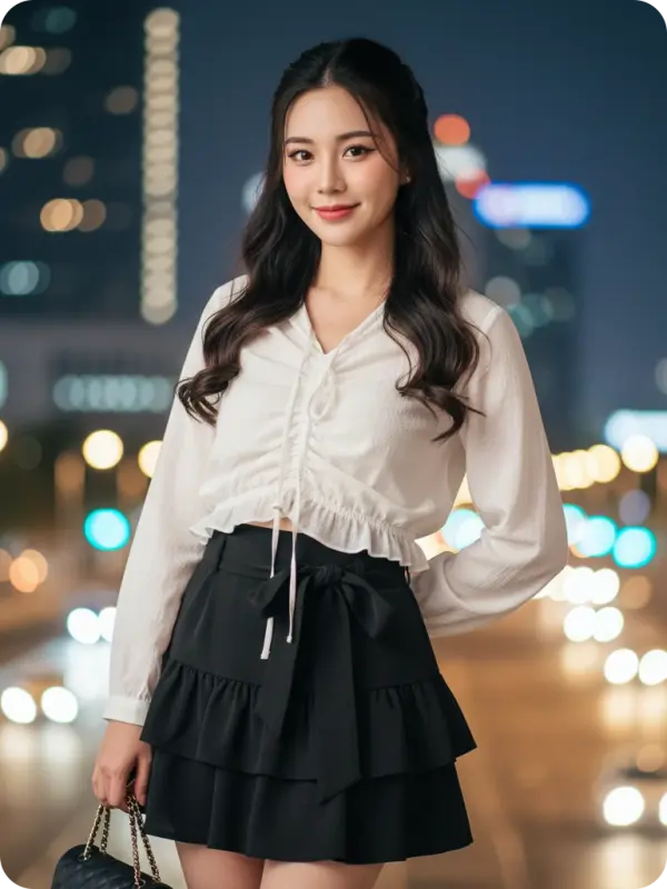 Urban Elegance: Ruched Blouse & City Bokeh