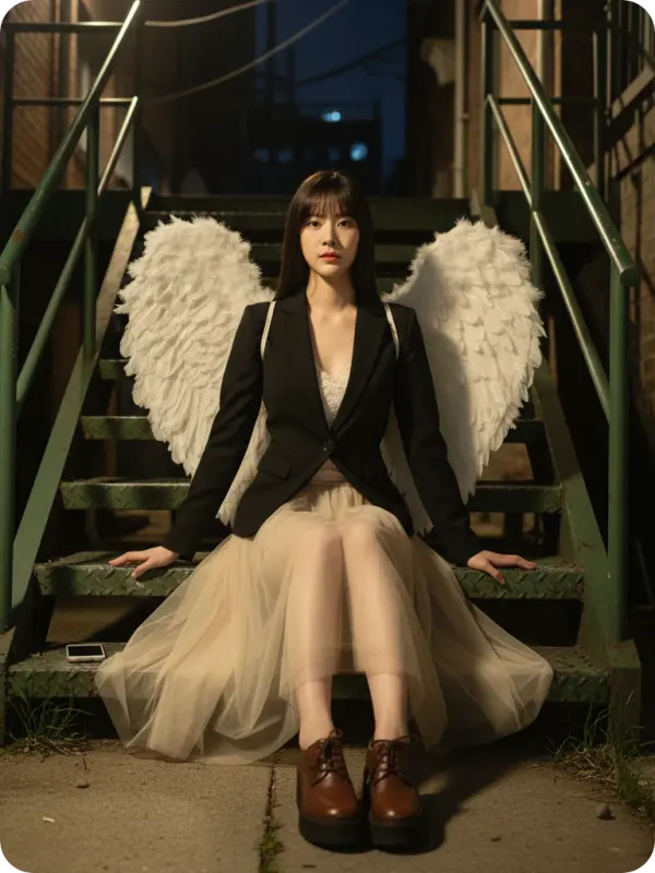 Angel in Alley: Stairs, Tulle, & Streetlamp