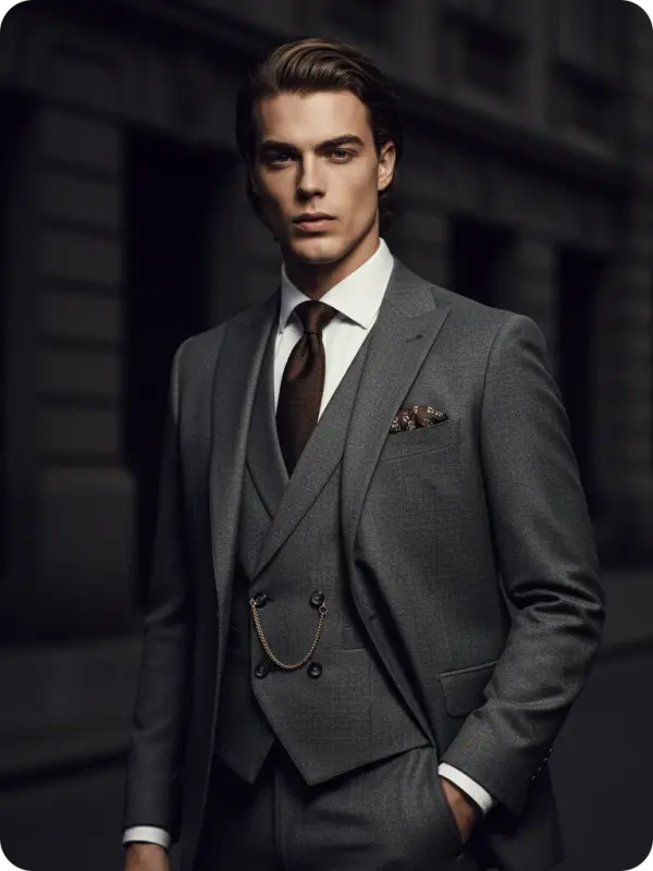 Charcoal Elegance: Urban Suit & Poised Gaze
