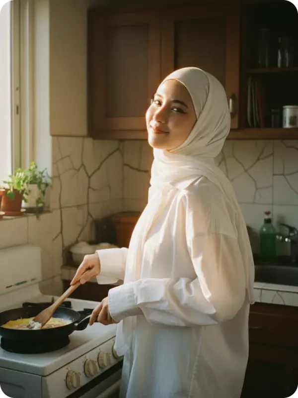 Joyful Morning: Candid Hijab Kitchen Moment