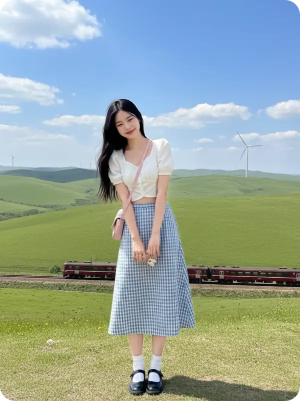 Woman on Hilltop with Train and Wind Turbines