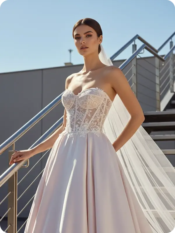 Modern Bridal Editorial on Metallic Staircase