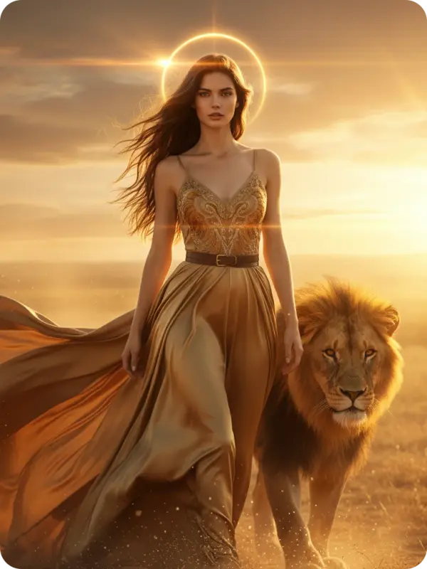 Savanna Serenity: Golden Gown & Lion