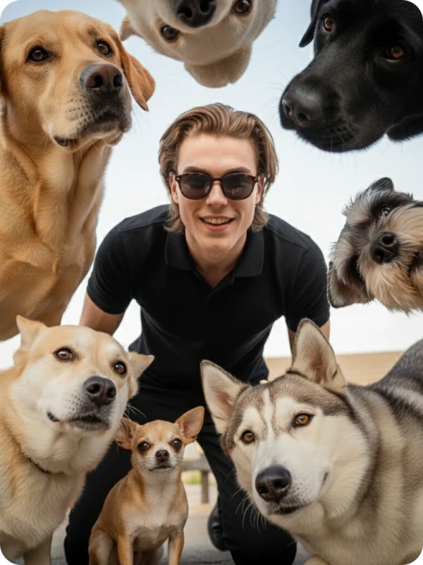 High-Angle Portrait: Man Surrounded by Dogs