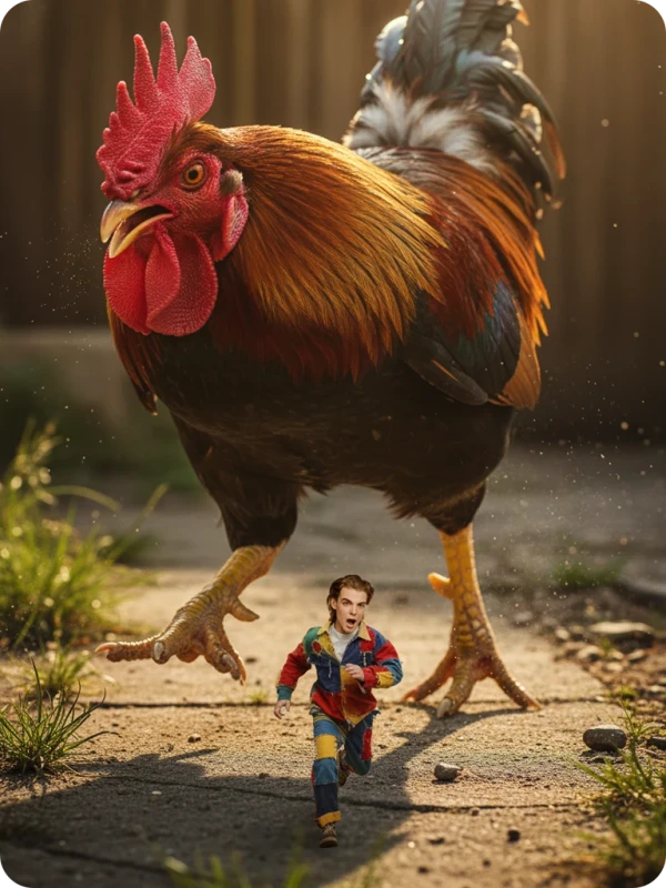 Golden Hour Chase: Tiny Man & Giant Rooster