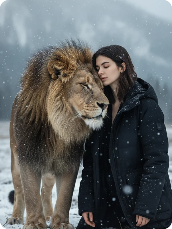 Winter Bond: Man, Lion & Falling Snow