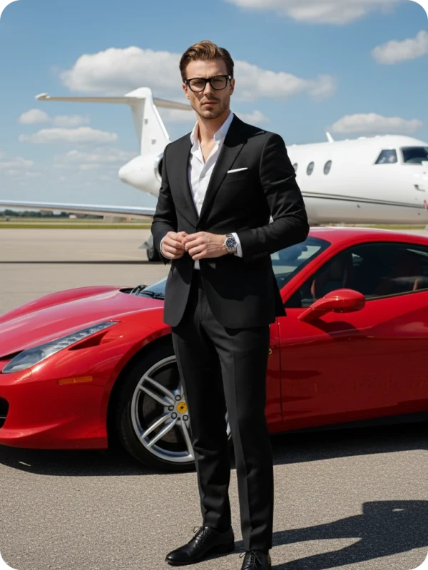 Luxury Runway: Red Sports Car & Private Jet