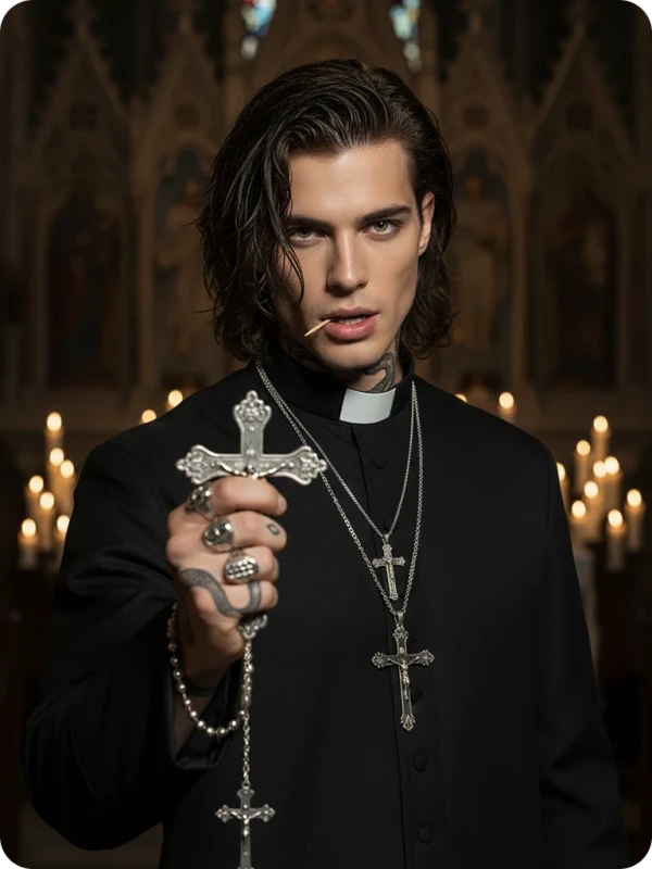 Gothic Priest: Sinister Charm & Snake Tattoo 8K