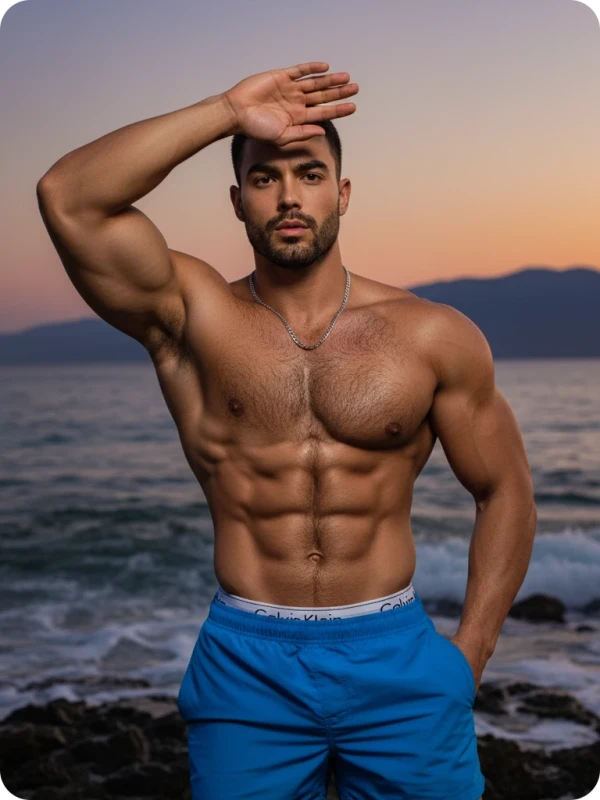 Dusk Physique: Seascape & Raised Hand Pose
