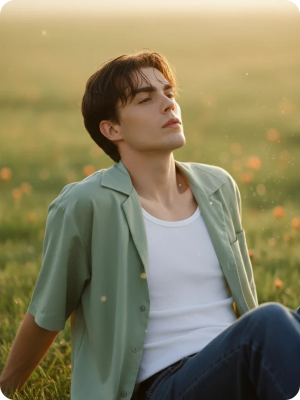 Golden Mist: Gentle Gaze in Soft Green Light