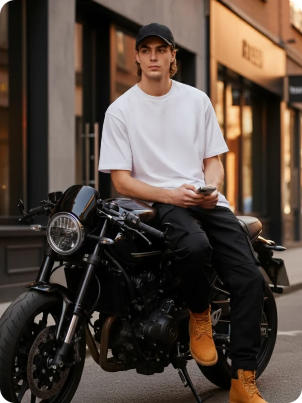 Urban Cool: Cargo, Cap, & Black Motorcycle