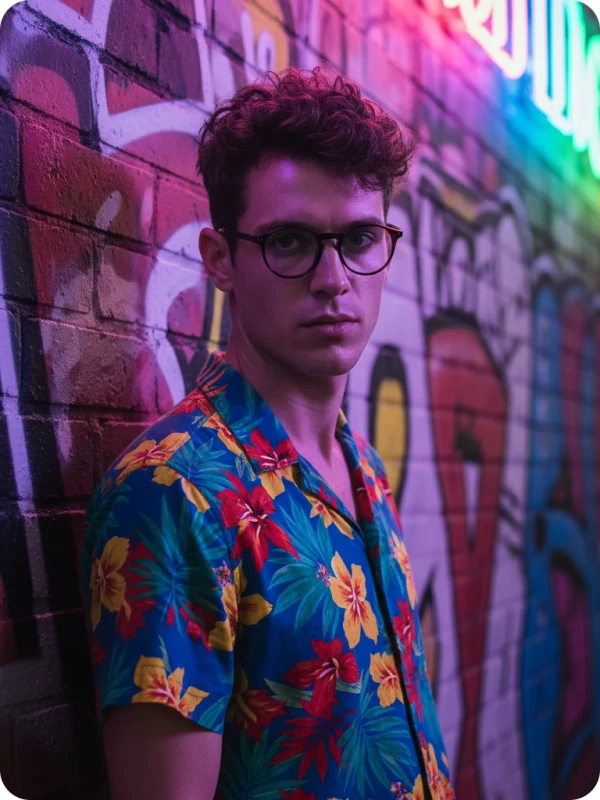 Neon Graffiti: Hawaiian Shirt Night Portrait