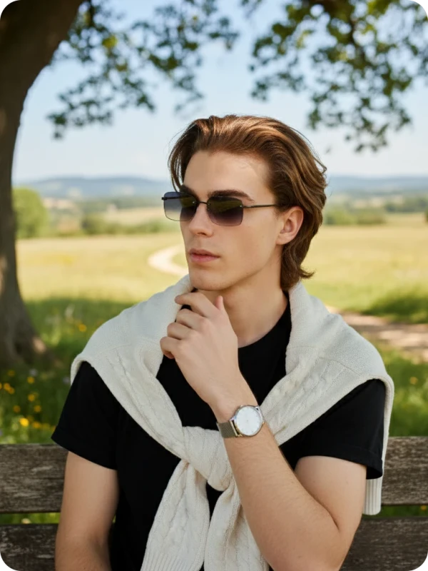Thoughtful Man: Sweater Drape & Rimless Shades