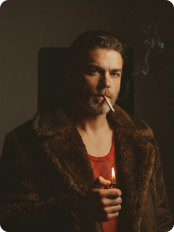70s Noir: Contemplative Fur Coat Lighter