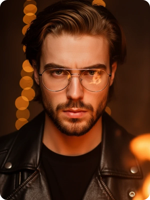 Firelight Tension: Intense Portrait in Leather