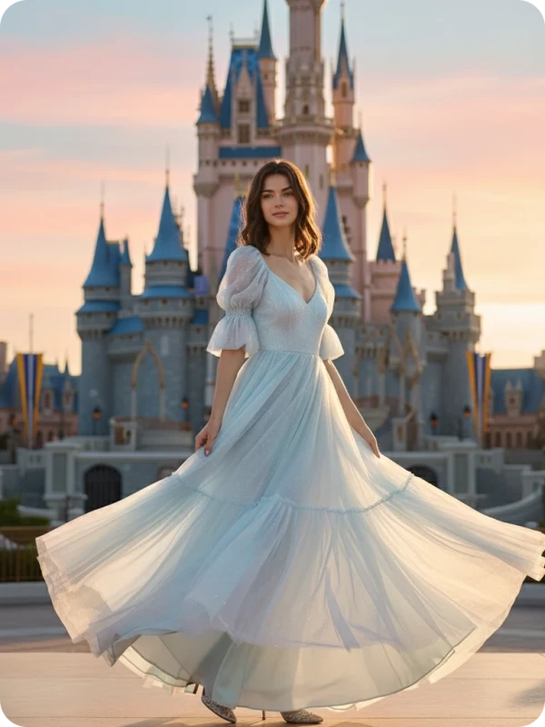 Fairy Tale Twirl: Castle & Golden Hour Chiffon