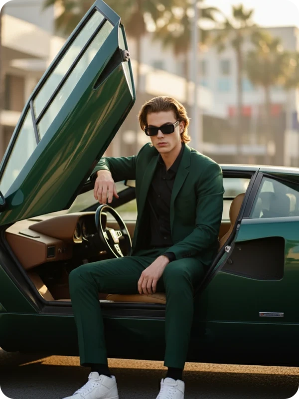 Golden Hour Lambo: Green Suit Confidence