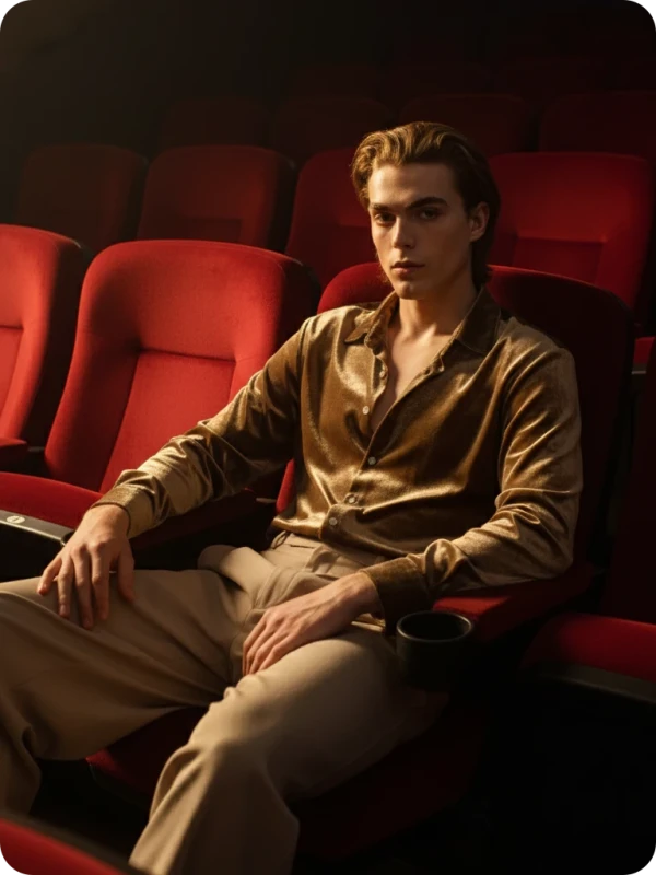 Velvet Shirt: Cinematic Red Seat Solitude