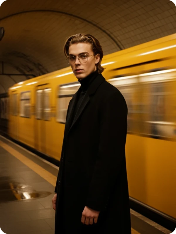 Subway Intrigue: Black Coat & Yellow Streak