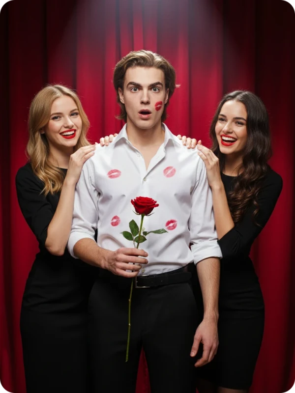 Shocked Man: Lipstick Marks & Red Curtains