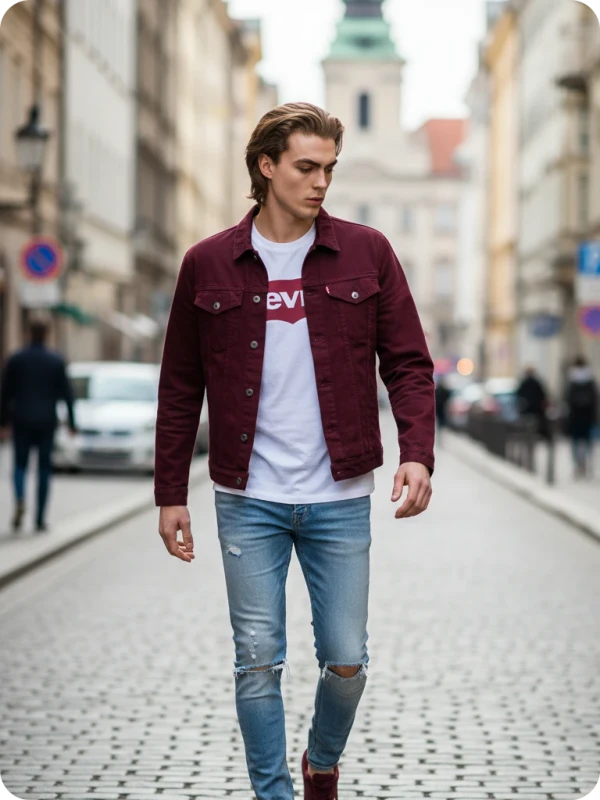 Burgundy Denim: Urban Walk in Europe