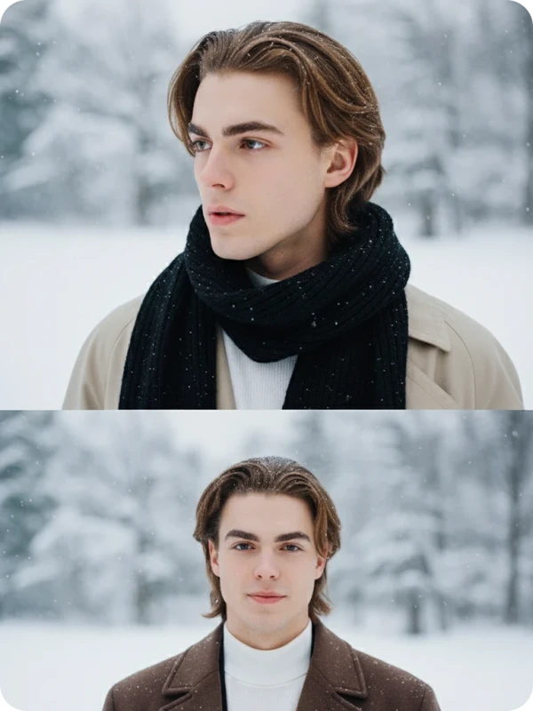 Snowfall Serenity: A Two-Frame Portrait.