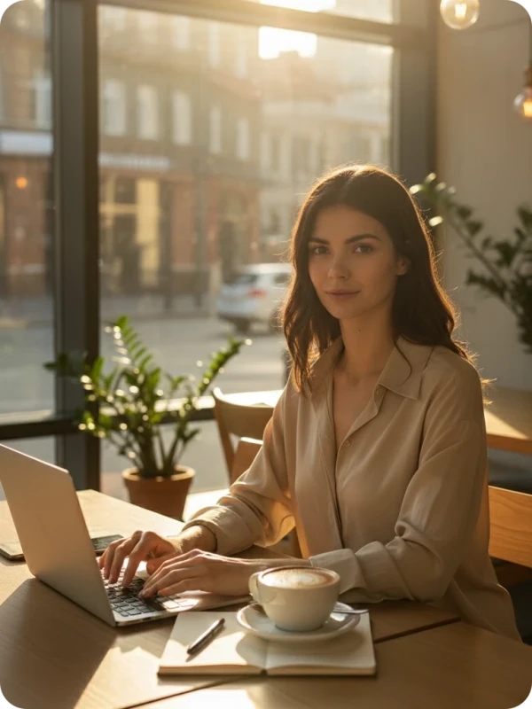 Cafe Work Scene with Latte Art and Warm Light