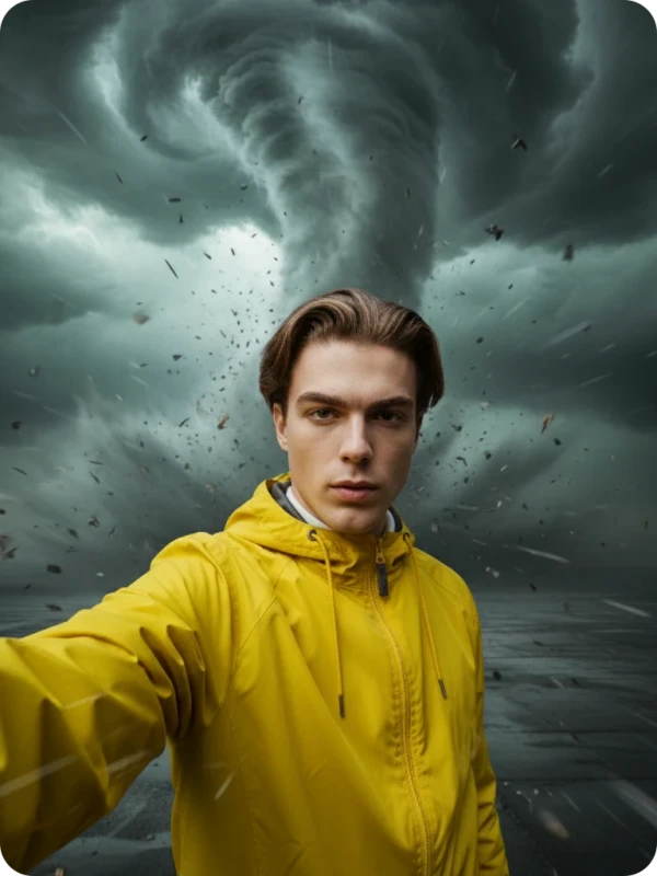 Tornado Selfie, Yellow Jacket, Serene Expression